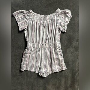 LOFT Striped Off Shoulder Romper Size Large Linen Blend Summer
